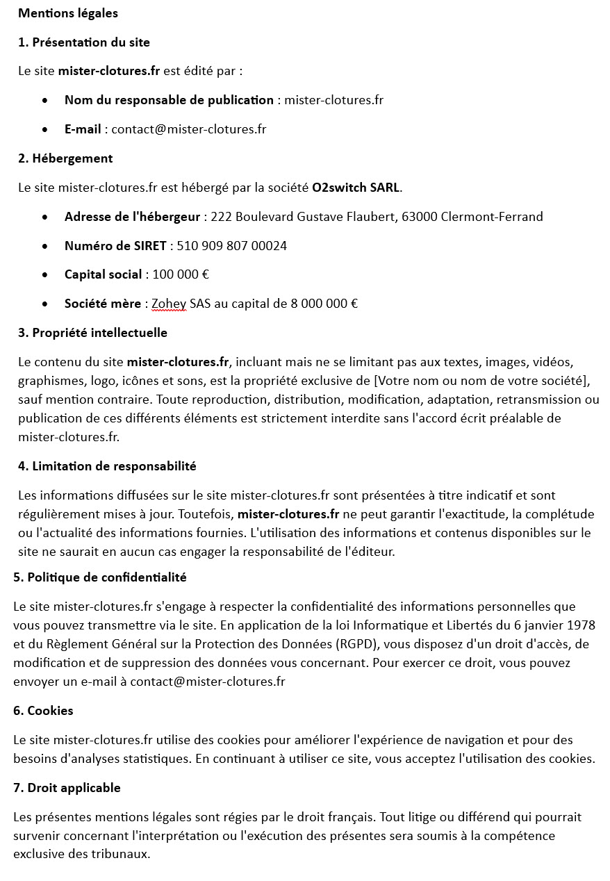 Mentions légales mister-clotures.fr 